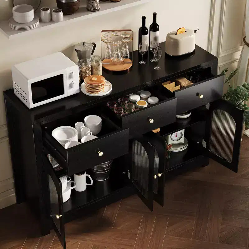 55 Credenza a buffet, mobile bar moderno con ante ad arco in acrilico scanalato, 3 cassetti e ripiani regolabili per sala da pranzo e soggiorno, nero