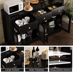 55 Credenza a buffet, mobile bar moderno con ante ad arco in acrilico scanalato, 3 cassetti e ripiani regolabili per sala da pranzo e soggiorno, nero