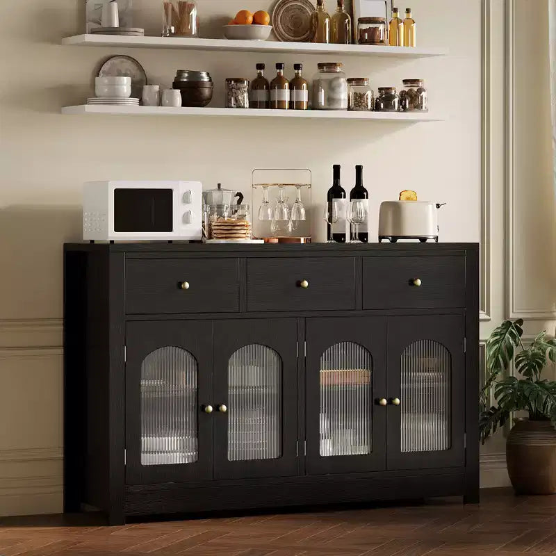 55 Credenza a buffet, mobile bar moderno con ante ad arco in acrilico scanalato, 3 cassetti e ripiani regolabili per sala da pranzo e soggiorno, nero