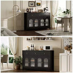 55 Credenza a buffet, mobile bar moderno con ante ad arco in acrilico scanalato, 3 cassetti e ripiani regolabili per sala da pranzo e soggiorno, nero