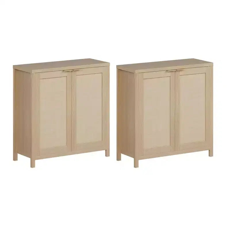 2 Piece Rattan Sideboard Buffet Cabinet, Freestanding Storage with Adjustable Shelves, Boho Credenza Coffee Bar for Kitchen/Living Room/Entryway