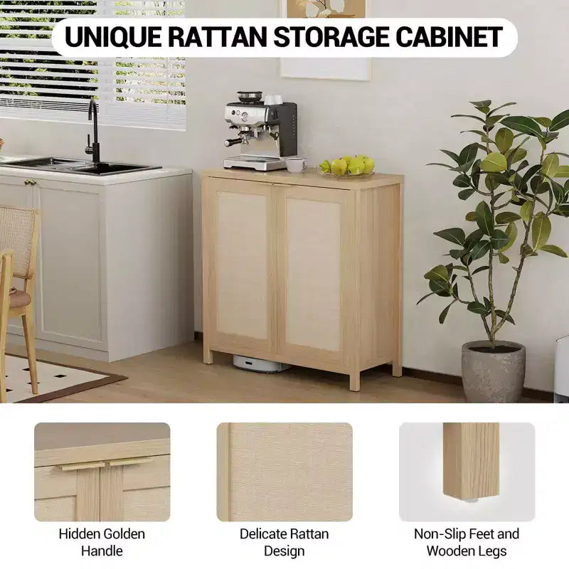 Credenza/Mobile a Buffet in Rattan, 2 Pezzi, Mobile Contenitore Autoportante con Ripiani Regolabili, Credenza Stile Bohemien per Caffetteria/Cucina/Soggiorno/Ingresso
