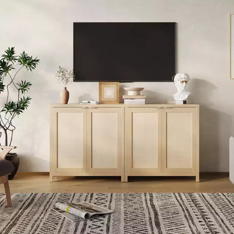 Credenza/Mobile a Buffet in Rattan, 2 Pezzi, Mobile Contenitore Autoportante con Ripiani Regolabili, Credenza Stile Bohemien per Caffetteria/Cucina/Soggiorno/Ingresso