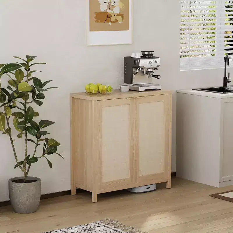 Credenza/Mobile a Buffet in Rattan, 2 Pezzi, Mobile Contenitore Autoportante con Ripiani Regolabili, Credenza Stile Bohemien per Caffetteria/Cucina/Soggiorno/Ingresso