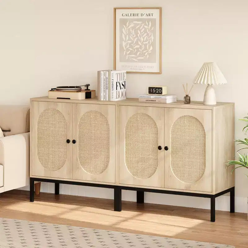 Set of 2 Rattan Sideboard Chest of Drawers, 2 Rattan & Wood Doors, 31.5inch Wide, Adjustable Shelves, Metal Feet for Hallway/Living Room/Kitchen