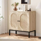 Set di 2 cassettiere in rattan, 2 ante in rattan e legno, larghezza 80 cm, ripiani regolabili, piedini in metallo per ingresso/soggiorno/cucina
