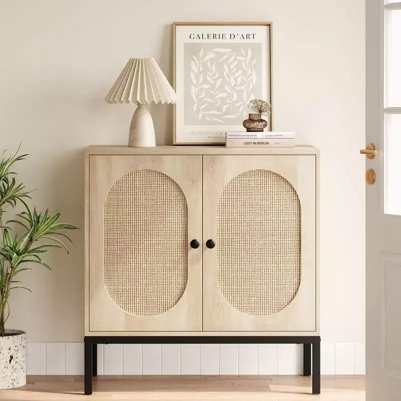 Set di 2 cassettiere in rattan, 2 ante in rattan e legno, larghezza 80 cm, ripiani regolabili, piedini in metallo per ingresso/soggiorno/cucina