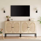 Set di 2 cassettiere in rattan, 2 ante in rattan e legno, larghezza 80 cm, ripiani regolabili, piedini in metallo per ingresso/soggiorno/cucina