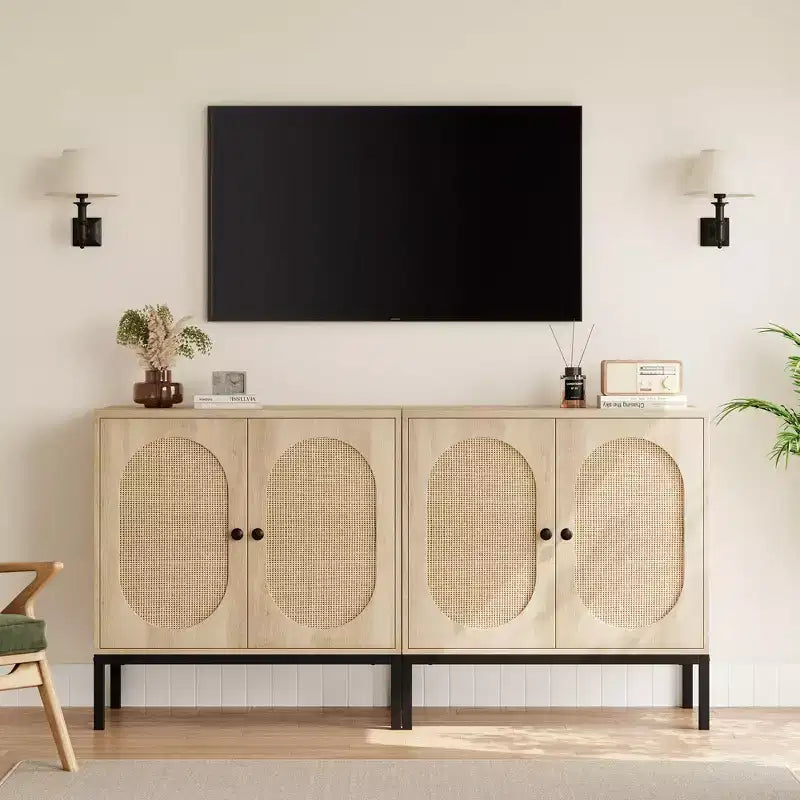 Set di 2 cassettiere in rattan, 2 ante in rattan e legno, larghezza 80 cm, ripiani regolabili, piedini in metallo per ingresso/soggiorno/cucina