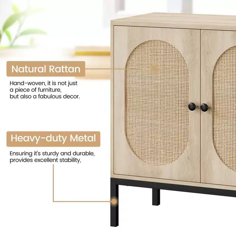 Set di 2 cassettiere in rattan, 2 ante in rattan e legno, larghezza 80 cm, ripiani regolabili, piedini in metallo per ingresso/soggiorno/cucina