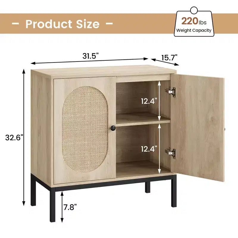 Set di 2 cassettiere in rattan, 2 ante in rattan e legno, larghezza 80 cm, ripiani regolabili, piedini in metallo per ingresso/soggiorno/cucina