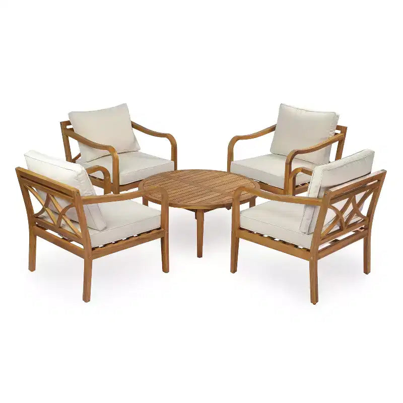 Christopher Knight Home Salma Set da 5 Pezzi Moderno da Giardino con Sedute in Legno di Acacia, Tavolo a Doghe e Cuscini
