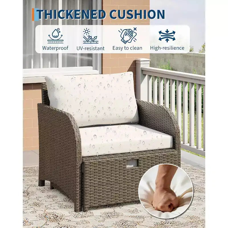 Set di mobili da giardino in rattan PE GustoWave da 5 pezzi, salotto da esterno in vimini con poggiapiedi e tavolo in vetro, set da conversazione per tutte le stagioni per balcone e giardino