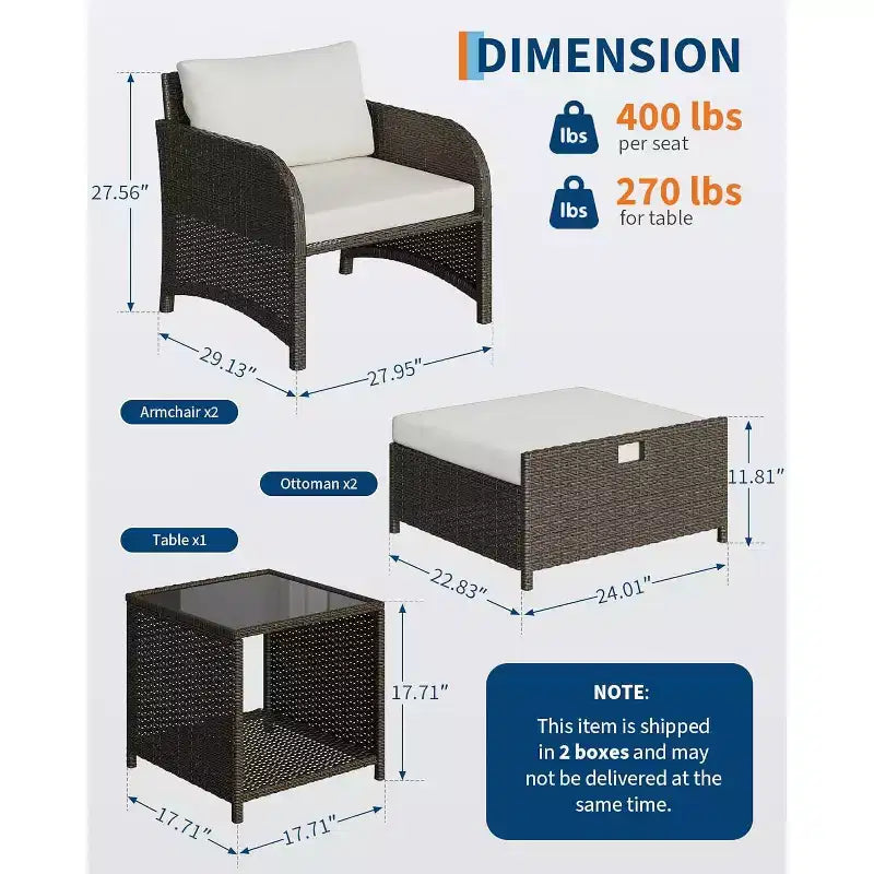 Set di mobili da giardino in rattan PE GustoWave da 5 pezzi, salotto da esterno in vimini con poggiapiedi e tavolo in vetro, set da conversazione per tutte le stagioni per balcone e giardino