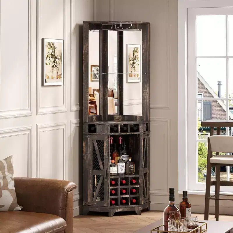 Meuble Bar d'angle Whisen Farmhouse avec rangement pour le vin, Buffet Multifonctionnel pour Café