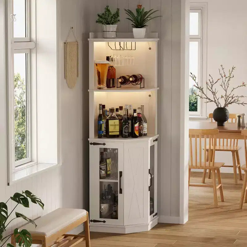 Meuble Bar d'angle Whisen Farmhouse avec rangement pour le vin, Buffet Multifonctionnel pour Café