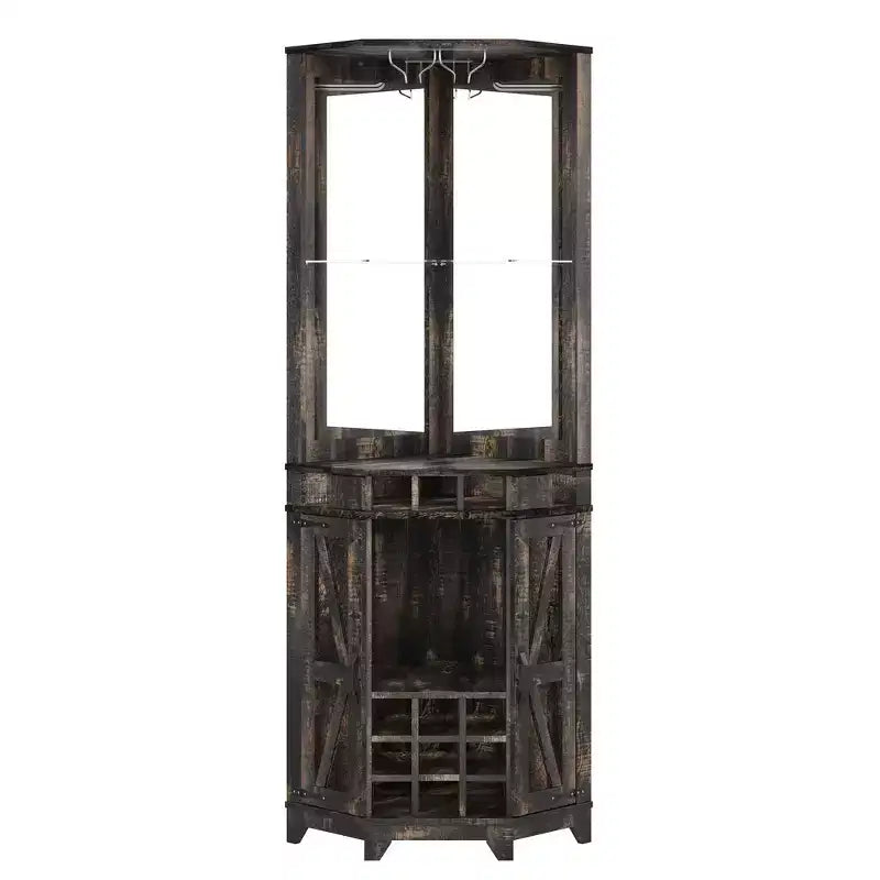 Meuble Bar d'angle Whisen Farmhouse avec rangement pour le vin, Buffet Multifonctionnel pour Café