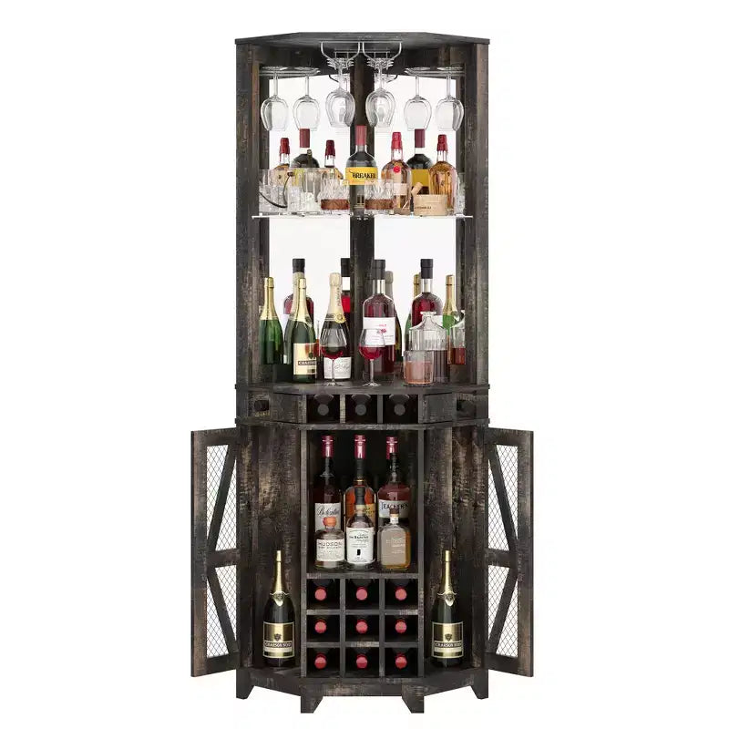Meuble Bar d'angle Whisen Farmhouse avec rangement pour le vin, Buffet Multifonctionnel pour Café