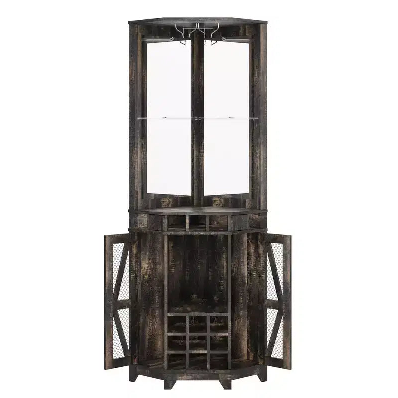 Meuble Bar d'angle Whisen Farmhouse avec rangement pour le vin, Buffet Multifonctionnel pour Café