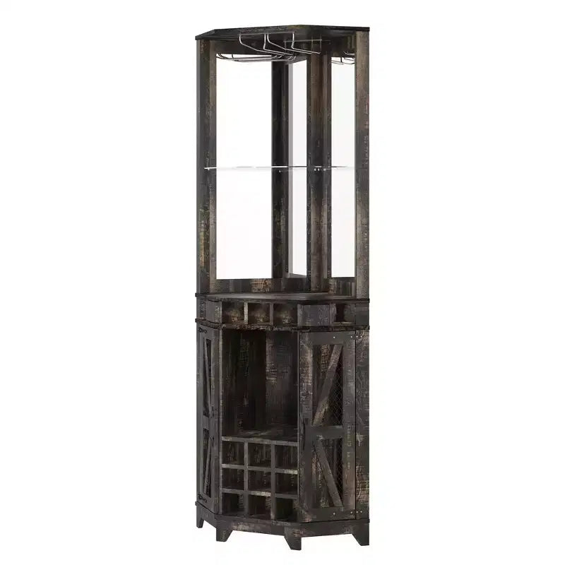 Meuble Bar d'angle Whisen Farmhouse avec rangement pour le vin, Buffet Multifonctionnel pour Café