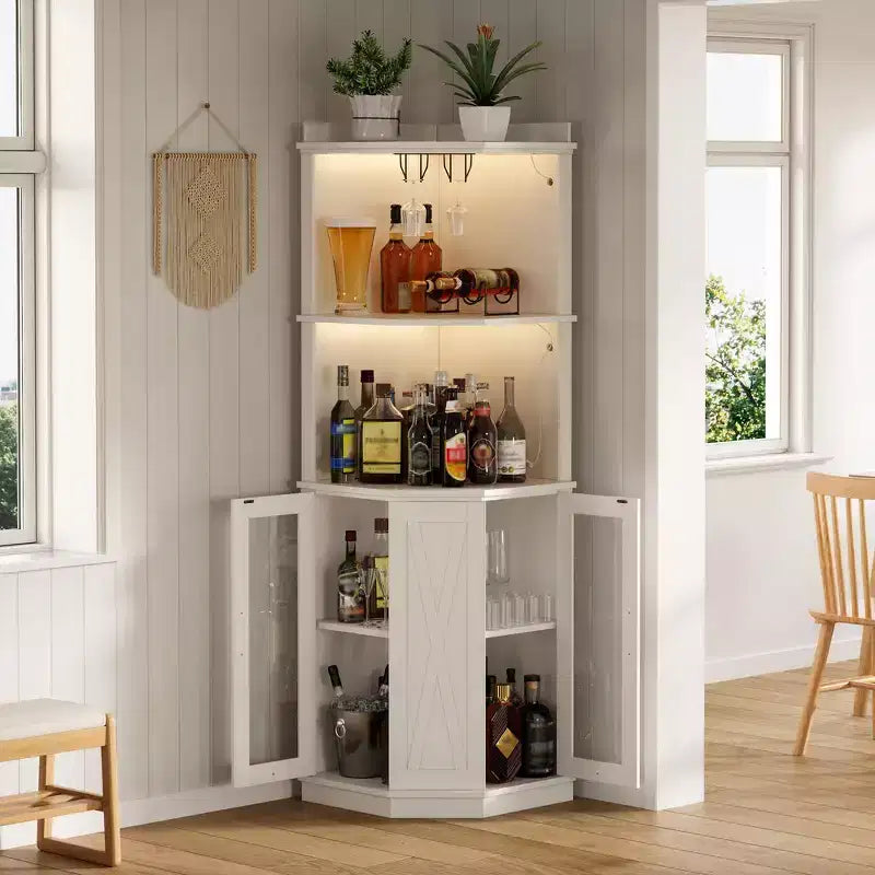 Meuble Bar d'angle Whisen Farmhouse avec rangement pour le vin, Buffet Multifonctionnel pour Café