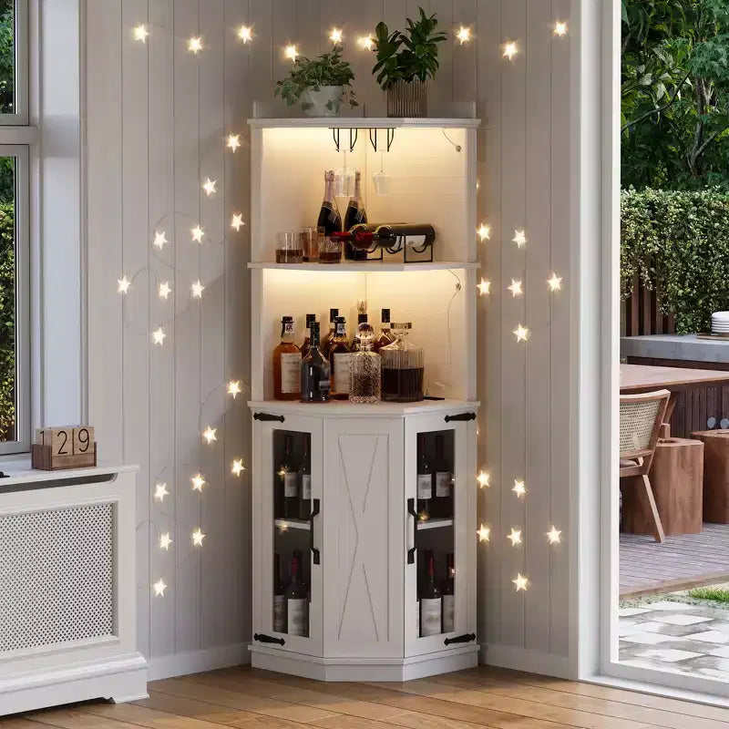 Meuble Bar d'angle Whisen Farmhouse avec rangement pour le vin, Buffet Multifonctionnel pour Café