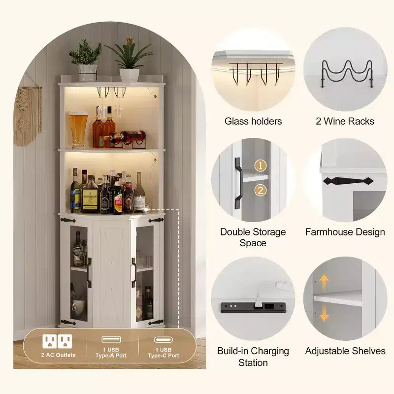 Meuble Bar d'angle Whisen Farmhouse avec rangement pour le vin, Buffet Multifonctionnel pour Café