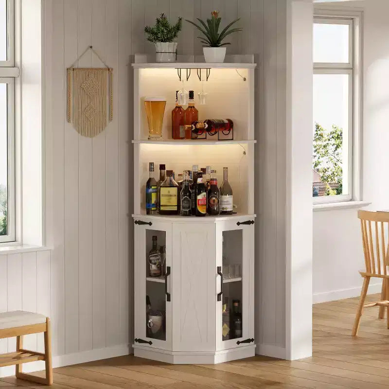 Whisen Farmhouse Corner Bar Cabinet with Wine Storage, Multifunctional Coffee Bar Buffet Sideboard