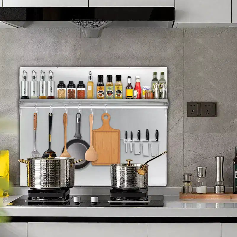 Stainless Steel Range Backsplash with Storage Shelf & Knife Racks, Wall Mount Guard with Pre-Installation Holes