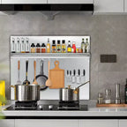 Stainless Steel Range Backsplash with Storage Shelf & Knife Racks, Wall Mount Guard with Pre-Installation Holes