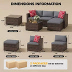 Set Mobili da Giardino 5 Pezzi, Divano Sezionale in Vimini per Tutte le Stagioni con Cuscini Antiscivolo, Set Divano in Rattan per Esterni con Pouf