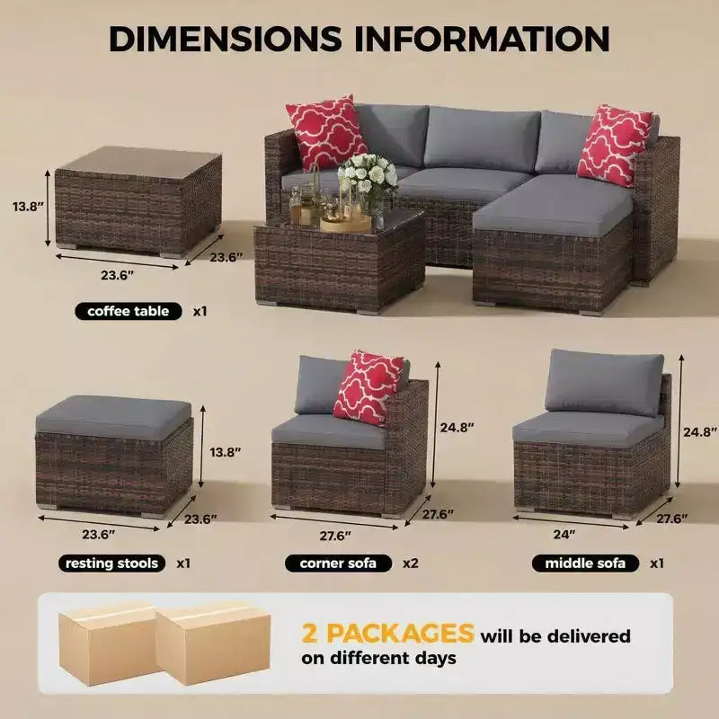 Set Mobili da Giardino 5 Pezzi, Divano Sezionale in Vimini per Tutte le Stagioni con Cuscini Antiscivolo, Set Divano in Rattan per Esterni con Pouf