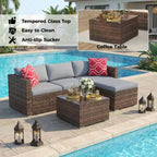 Set Mobili da Giardino 5 Pezzi, Divano Sezionale in Vimini per Tutte le Stagioni con Cuscini Antiscivolo, Set Divano in Rattan per Esterni con Pouf