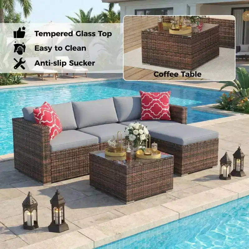 Set Mobili da Giardino 5 Pezzi, Divano Sezionale in Vimini per Tutte le Stagioni con Cuscini Antiscivolo, Set Divano in Rattan per Esterni con Pouf