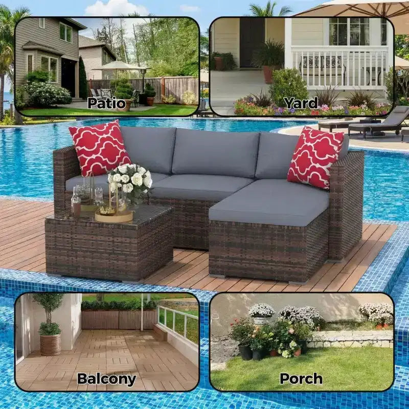 Set Mobili da Giardino 5 Pezzi, Divano Sezionale in Vimini per Tutte le Stagioni con Cuscini Antiscivolo, Set Divano in Rattan per Esterni con Pouf