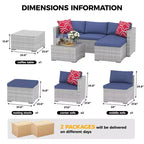 Set Mobili da Giardino 5 Pezzi, Divano Sezionale in Vimini per Tutte le Stagioni con Cuscini Antiscivolo, Set Divano in Rattan per Esterni con Pouf