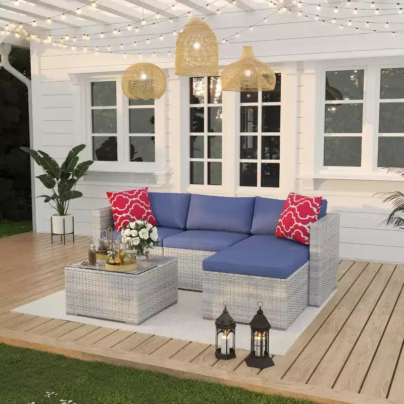Set Mobili da Giardino 5 Pezzi, Divano Sezionale in Vimini per Tutte le Stagioni con Cuscini Antiscivolo, Set Divano in Rattan per Esterni con Pouf