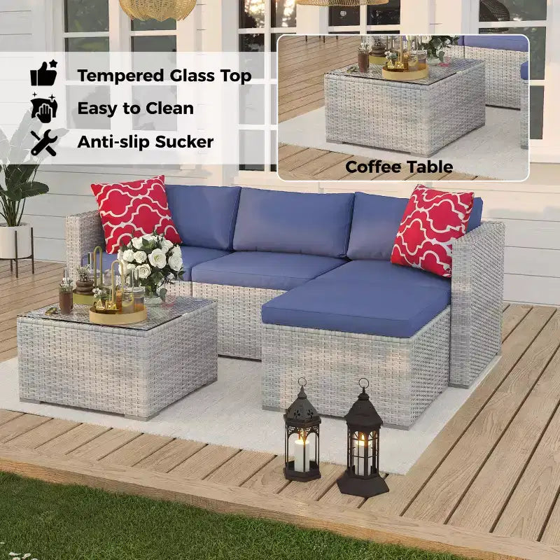 Set Mobili da Giardino 5 Pezzi, Divano Sezionale in Vimini per Tutte le Stagioni con Cuscini Antiscivolo, Set Divano in Rattan per Esterni con Pouf