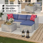 Set Mobili da Giardino 5 Pezzi, Divano Sezionale in Vimini per Tutte le Stagioni con Cuscini Antiscivolo, Set Divano in Rattan per Esterni con Pouf