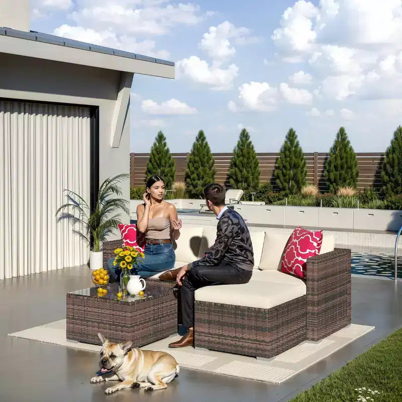 Set Mobili da Giardino 5 Pezzi, Divano Sezionale in Vimini per Tutte le Stagioni con Cuscini Antiscivolo, Set Divano in Rattan per Esterni con Pouf