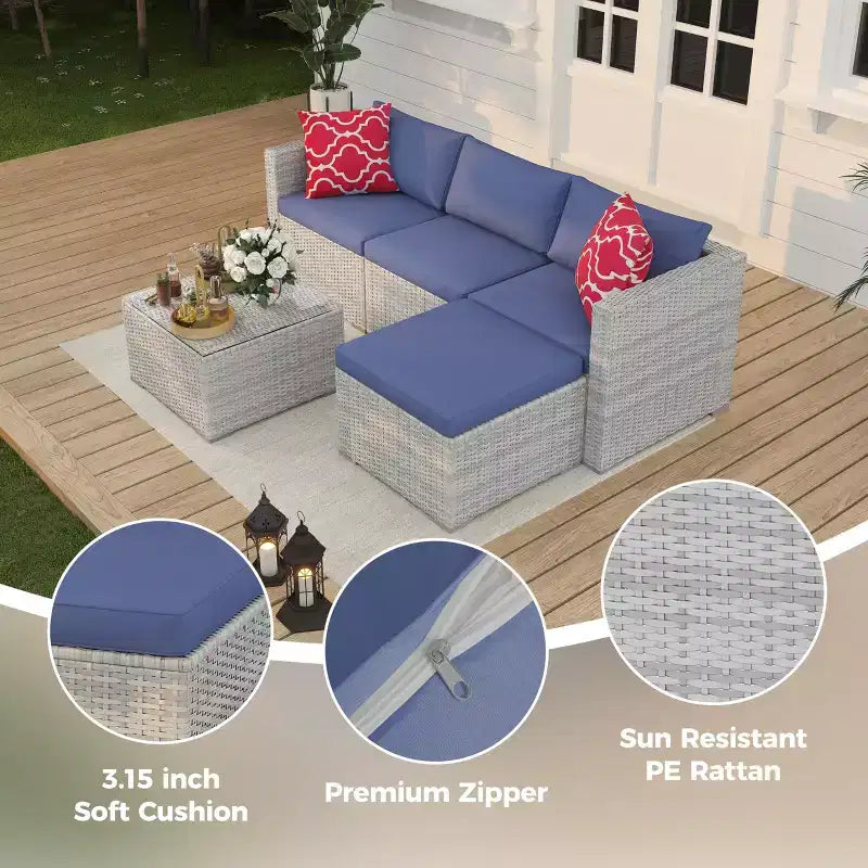 Set Mobili da Giardino 5 Pezzi, Divano Sezionale in Vimini per Tutte le Stagioni con Cuscini Antiscivolo, Set Divano in Rattan per Esterni con Pouf