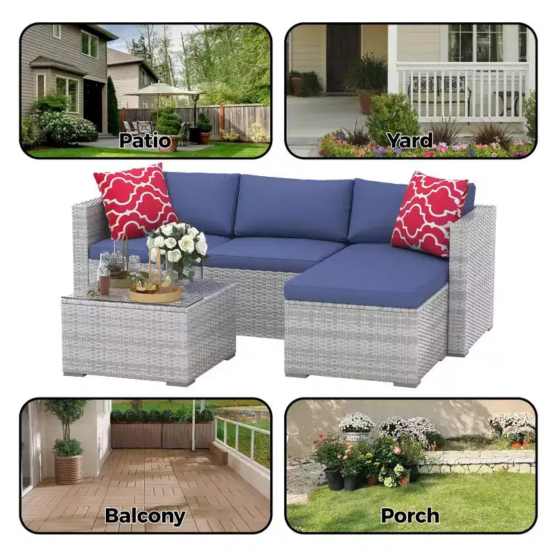 Set Mobili da Giardino 5 Pezzi, Divano Sezionale in Vimini per Tutte le Stagioni con Cuscini Antiscivolo, Set Divano in Rattan per Esterni con Pouf