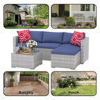 Set Mobili da Giardino 5 Pezzi, Divano Sezionale in Vimini per Tutte le Stagioni con Cuscini Antiscivolo, Set Divano in Rattan per Esterni con Pouf