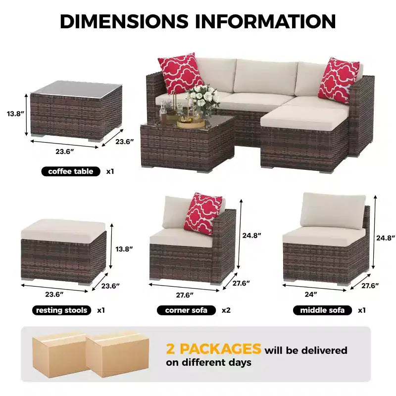 Set Mobili da Giardino 5 Pezzi, Divano Sezionale in Vimini per Tutte le Stagioni con Cuscini Antiscivolo, Set Divano in Rattan per Esterni con Pouf