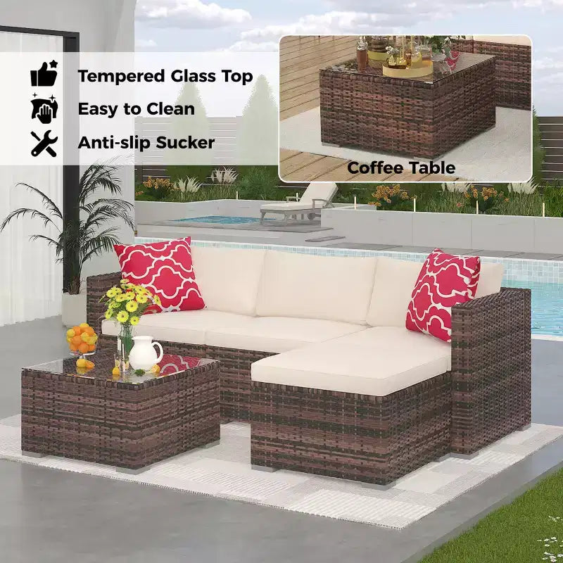 Set Mobili da Giardino 5 Pezzi, Divano Sezionale in Vimini per Tutte le Stagioni con Cuscini Antiscivolo, Set Divano in Rattan per Esterni con Pouf
