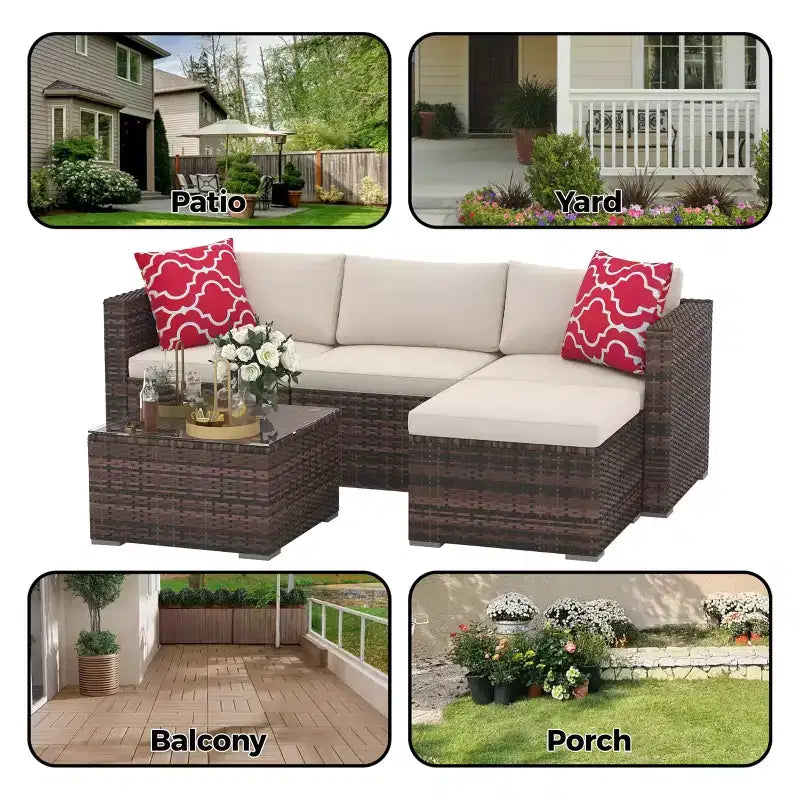Set Mobili da Giardino 5 Pezzi, Divano Sezionale in Vimini per Tutte le Stagioni con Cuscini Antiscivolo, Set Divano in Rattan per Esterni con Pouf