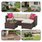 Set Mobili da Giardino 5 Pezzi, Divano Sezionale in Vimini per Tutte le Stagioni con Cuscini Antiscivolo, Set Divano in Rattan per Esterni con Pouf