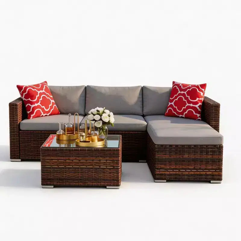 Set Mobili da Giardino 5 Pezzi, Divano Sezionale in Vimini per Tutte le Stagioni con Cuscini Antiscivolo, Set Divano in Rattan per Esterni con Pouf