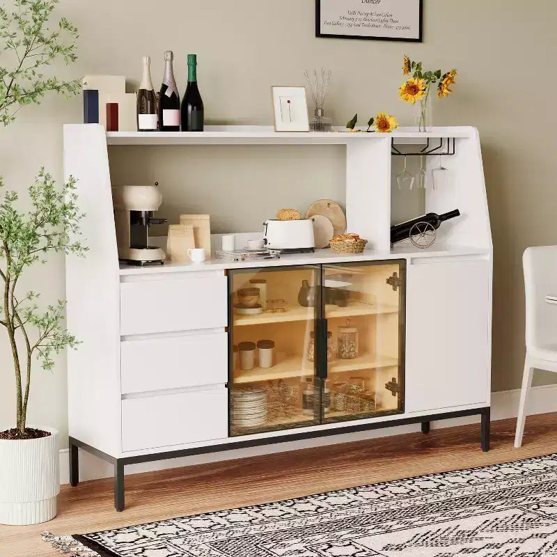 GDFStudio Pavel Modern 64 Wooden Buffet Storage Cabinet With Glass Doors, Cup Holder and 3 Drawers