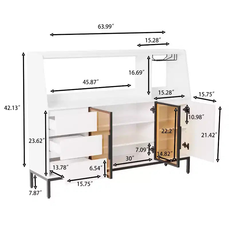 GDFStudio Pavel buffet moderne en bois de 64 po avec portes vitrées, porte-gobelets et 3 tiroirs
